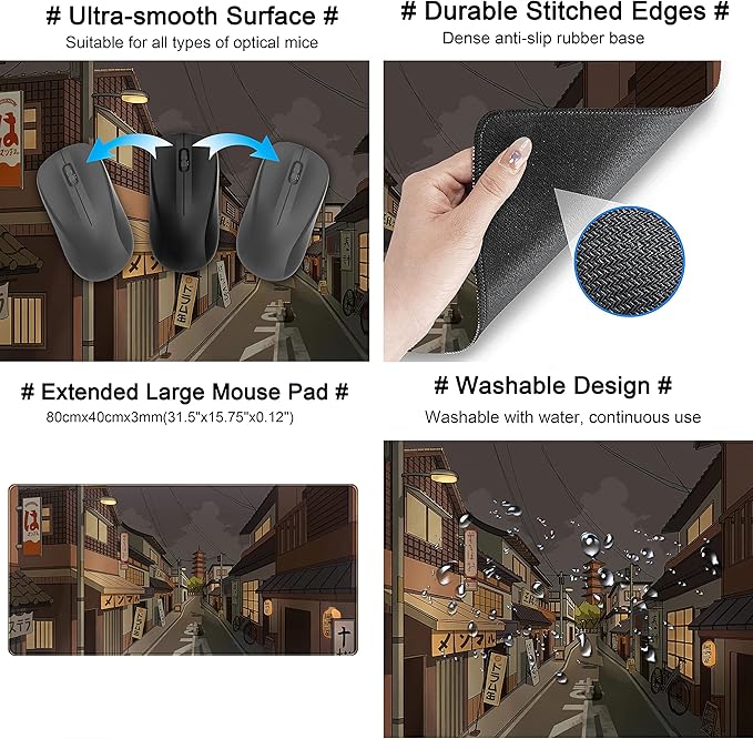 Tokyo Street at Night Kawaii Japanese XL Mouse Pad, Cute Gaming Desk Pads, Anime Large Desktop Mat, XXL Keyboard Mats, Extended Laptop Mat 31.5''X15.7''