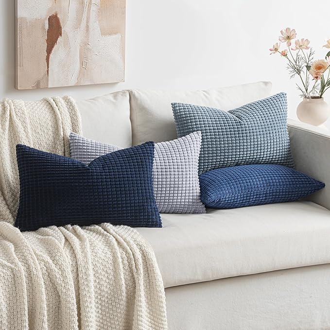 MIULEE Blue Decorative Lumbar Pillow Covers 12x20 Inch Set of 4 Boho Western Farmhouse Home Decor Couch Throw Pillows Summer Coastal Corduroy Pillowcases Industrial for Sofa Living Room Bed