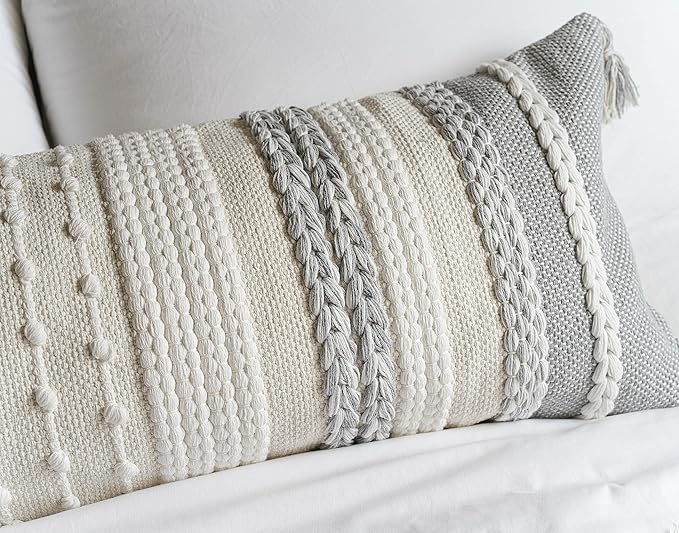 BlissBlush Gray Decorative Lumbar Pillow Cover 14x36, Grey Boho Long Body Pillow for Bed, Farmhouse Lumbar Throw Pillow for Couch, Modern Accent Textured Throw Pillowcase