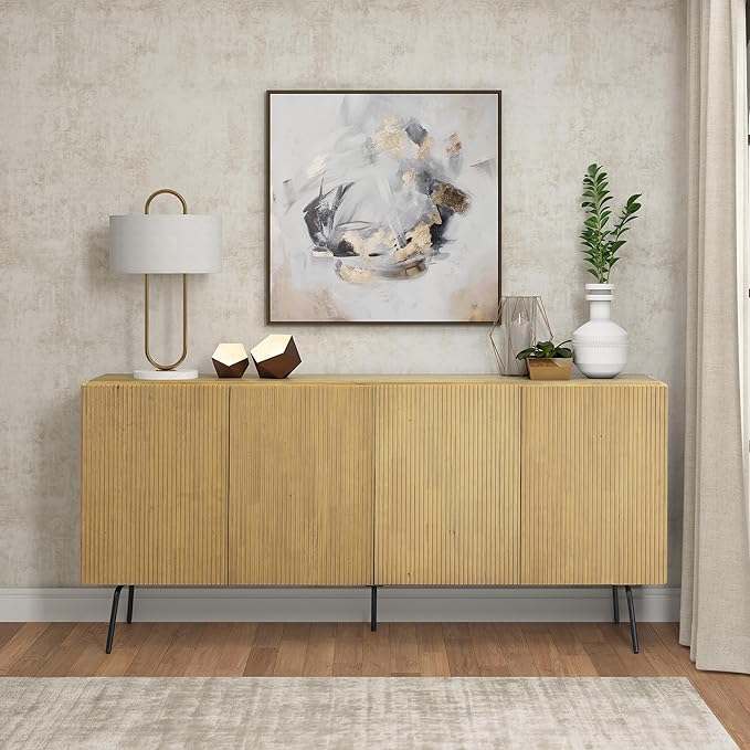 NTC Veil Modern Sideboard with 4 Doors, Buffet Cabinet with Vertical Groove Design and Metal Legs, Storage Cabinet for Living Room, and Hallway, Effortless Assembly, Sand