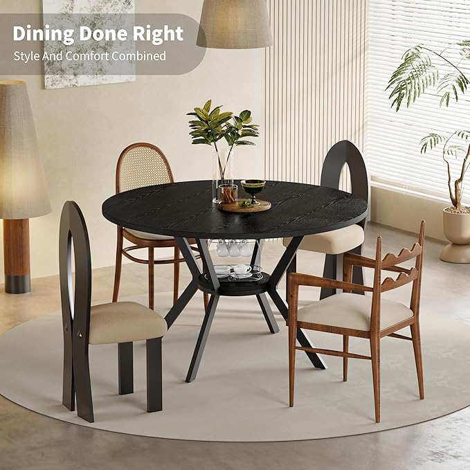 Black Dining Table for 4, 42 Inch Round Kitchen Table with Storage, Wooden Circle Dinner Table with Metal Legs, Rustic Mid Century Modern Dining Room Tables for Kitchen, Living Room, Dining Room