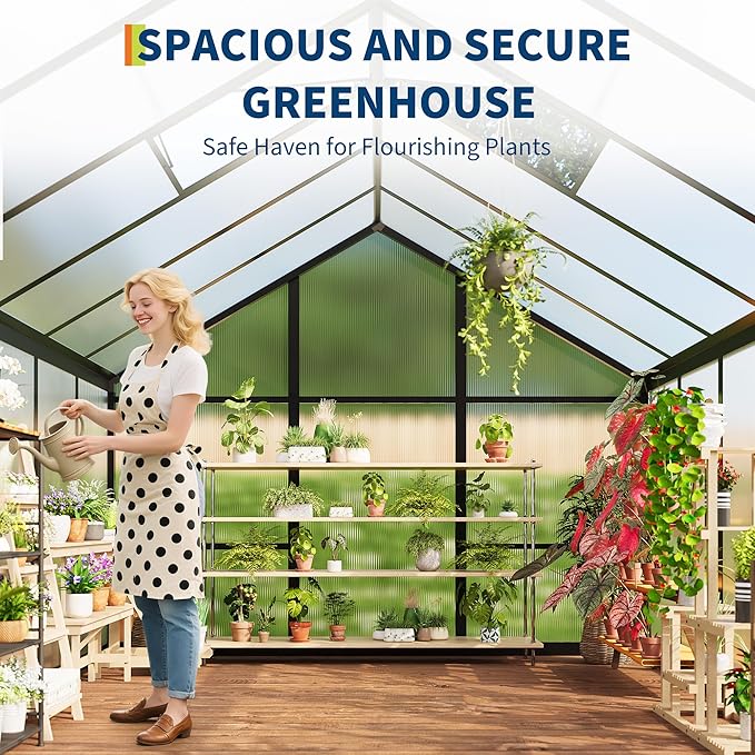 6 x 10 FT Greenhouse, Greenhouses for Outside, Polycarbonate Greenhouse with Aluminum Frame, Lockable Door and Ajustable Roof Vent for Backyard, Green Houses for Outside Garden Backyard, Patio