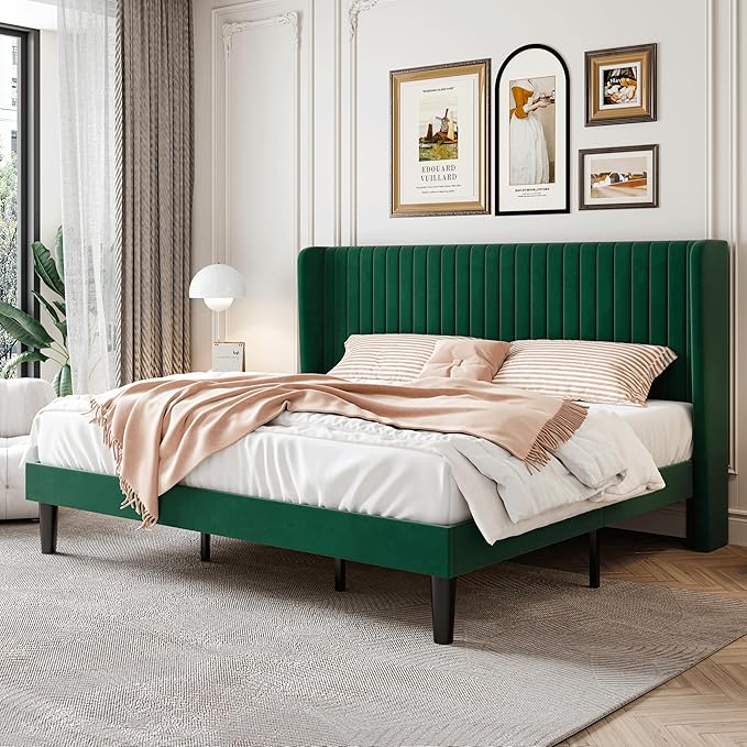 SHA CERLIN King Size Velvet Bed Frame with Vertical Channel Tufted Wingback Headboard, Upholstered Platform Bed with Wood Slats, No Box Spring Needed, Easy Assembly, Green