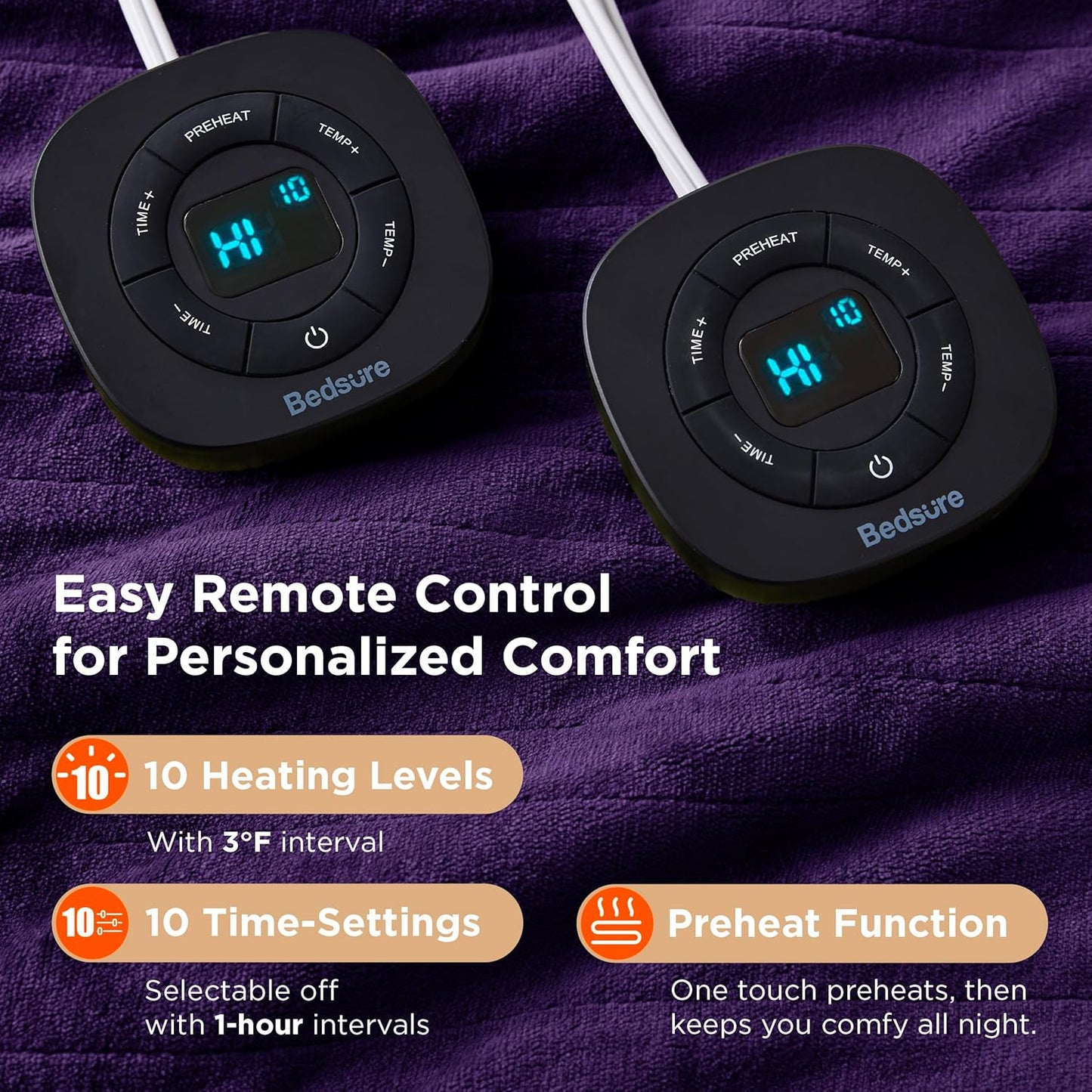 Bedsure Electric Blanket King Size - Dual Control Heated Blanket King Size, Fast Heating with 10 Time Settings & 10 Heat Settings, Warm Gift for Grandma (100x90 inches, Purple)