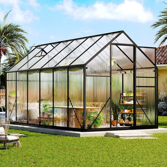 Amerlife 6x12x6.3 FT Ft Polycarbonate Greenhouse for Outdoors, Walk-in Design with Aluminum Frame, 2 Windows and Swing Door, Heavy-Duty Greenhouse Construction for Garden, Black