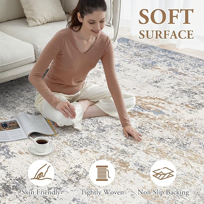 Area Rugs for Living Room: 5x8 Large Soft Washable Rug Modern Abstract Non-Slip Backing Stain Resistant Carpet for Bedroom Dining Room or Home Office Home Decor - Blue