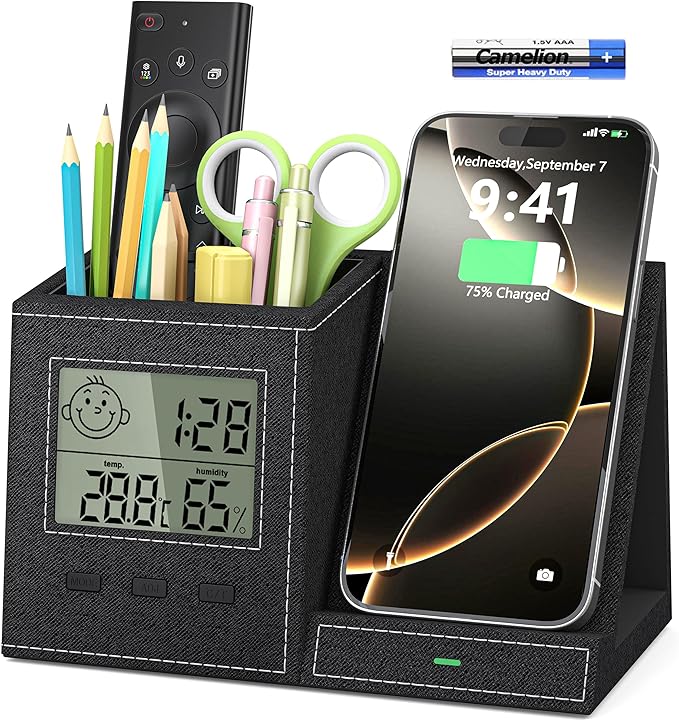 Multifunctional Pen Holder and Organizer for Desk with Wireless Charger, Digital Indoor Thermometer and Humidity Gauge, Home Office Organizers and Storage (Battery Included)