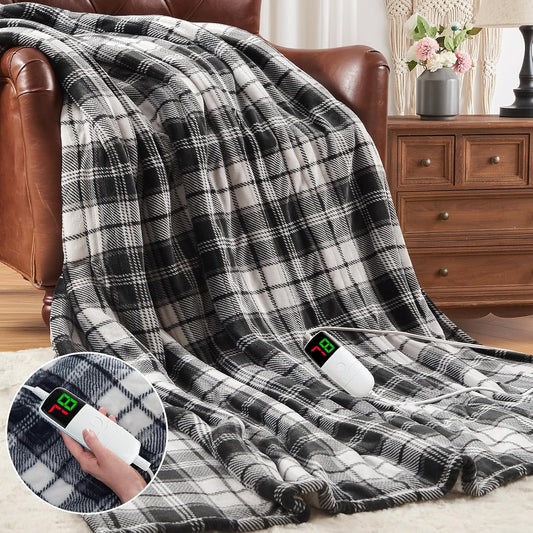 Black Heated Blanket Electric Twin Size,62X84 Heating Blanket with 10 Heats Levels&8 Hours Auto Off&Timer,Plaid Soft Sherpa Black Blankets Warmer Gift for Grandma Women Adult,Fast Heating Washable,ETL