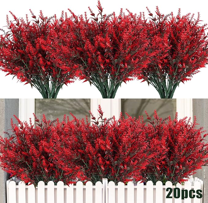 Artificial Outdoor Plants UV Resistant Artificial Greenery Lavender 20 Bundles UV Resistant Hanging Planter Flora Fence Indoor Outside Decor Wedding Table Flowers Arrangement Bouquet Filler(Red)