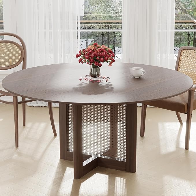 Casaphoria 60" Round Dining Table, Modern Kitchen Table for 8, Scratch-Resistant Top & Rattan Base, Farmhouse Dinner Table for Living Room, Kitchen, Bar, Easy Assembly, Walnut