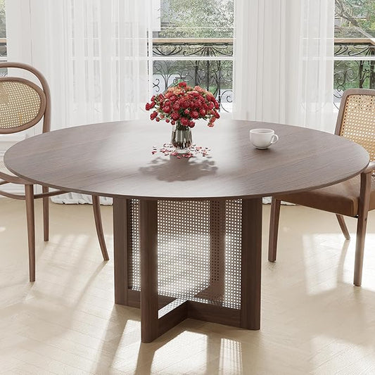Casaphoria 60" Round Dining Table, Modern Kitchen Table for 8, Scratch-Resistant Top & Rattan Base, Farmhouse Dinner Table for Living Room, Kitchen, Bar, Easy Assembly, Walnut