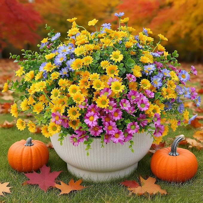 alyptus Artificial Flowers for Outdoors 16 Bundles UV Resistant Plants Yellow Faux Sile Daisy Fake Plastic Eucalyptus for Home Planters Porch Patio Yard Decor (16 Bundles NO.Y)