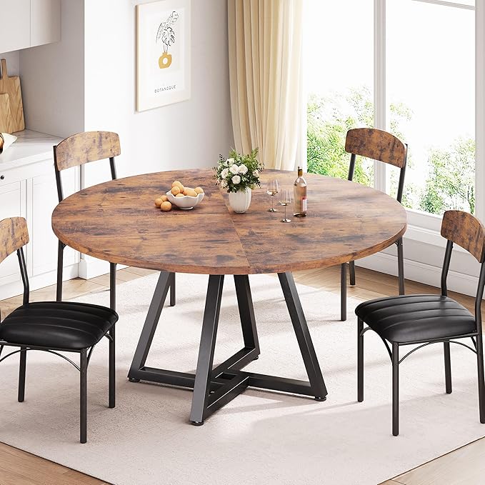 Round Kitchen Dining Room Table Circle Dining Dinner Table with Pedestal Metal Frame, Space Saving Wood Industrial Furniture for Small Space (Rustic Brown, 47IN)