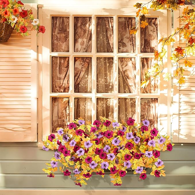 Fall Flowers Artificial for Decoration Fake Petunias Plants for Outdoor, 2PCS Autumn Silk Faux Flower UV Resistant No Fade Floral for Garden Balcony Yard Porch Realistic Indoor Decor (Burgundy Purple)
