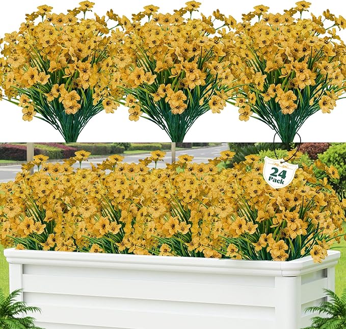 Lnoicy 24 Pcs Artificial Flowers for Outdoor,Plastic Flowers Decoration, UV Resistant Faux Flowers Shrubs, Artificial Plants for Indoor Outside Garden Home Wedding Farmhouse(Yellow)