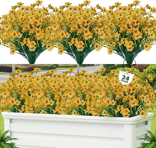 Lnoicy 24 Pcs Artificial Flowers for Outdoor,Plastic Flowers Decoration, UV Resistant Faux Flowers Shrubs, Artificial Plants for Indoor Outside Garden Home Wedding Farmhouse(Yellow)