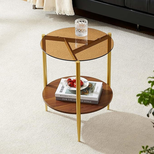 Round End Table, Mid-Century Modern Design, D20*H23 inch, for Living Room, 2-Tier Structure, Amber Glass Top and Walnut MDF Shelf, Sleek Conical Metal Legs with Gold Finish