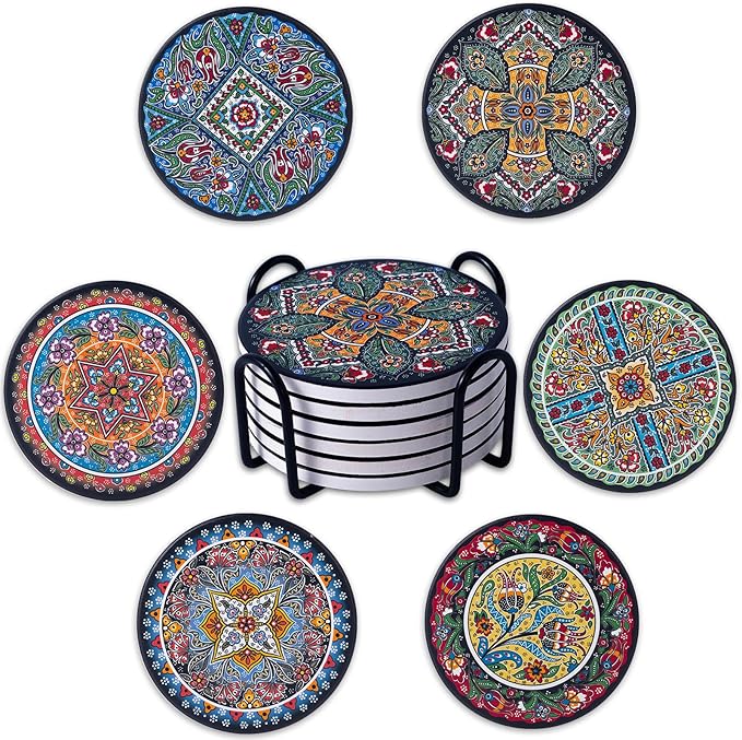 Coasters Absorbent Ceramic Coaster Drink Coasters with Cork Back Turkish Mandala Pattern Set of 6 Round Coaster Non Slip for Coffee Table Wine Glass Home Bar 4 Inch, Colorful