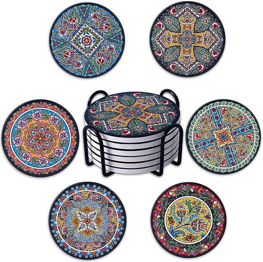 Coasters Absorbent Ceramic Coaster Drink Coasters with Cork Back Turkish Mandala Pattern Set of 6 Round Coaster Non Slip for Coffee Table Wine Glass Home Bar 4 Inch, Colorful