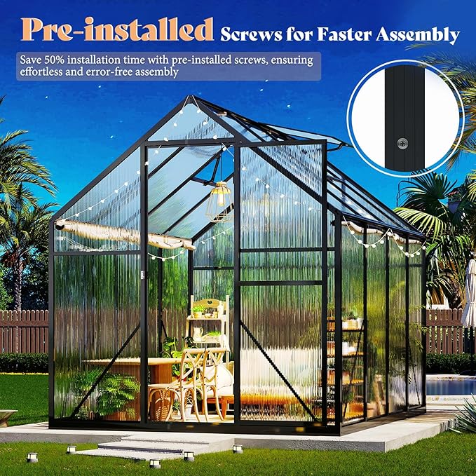 Amerlife 6x10x6.3 FT Ft Polycarbonate Greenhouse for Outdoors, Walk-in Design with Aluminum Frame, 2 Windows and Swing Door, Heavy-Duty Greenhouse Construction for Garden, Black