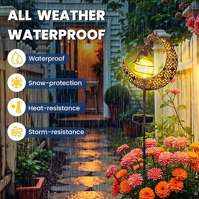 Fairy Garden Solar Lights Outdoor Moon Stakes, Waterproof Outdoor Metal Decor Gifts for Women Mom, Art Moon Sculpture for Yard, Patio, Garden, Porch, 2 Pack