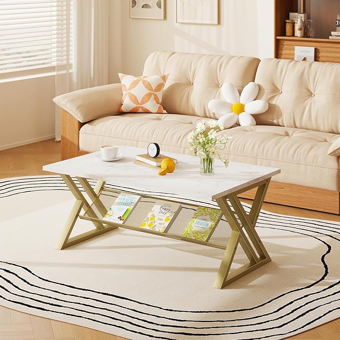 Coffee Table Living Room Table with Storage Shelf, White Table Simple Modern Faux Marble Rectangular Tables with Sturdy Gold Metal Frame,Industrial Wooden Coffee Table for Bedroom Home Office
