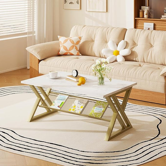 Coffee Table Living Room Table with Storage Shelf, White Table Simple Modern Faux Marble Rectangular Tables with Sturdy Gold Metal Frame,Industrial Wooden Coffee Table for Bedroom Home Office