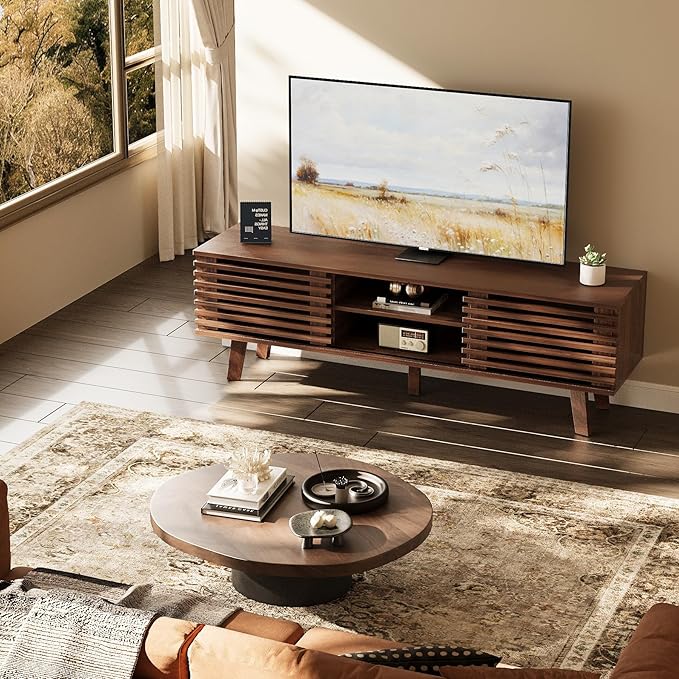 Mid-Century Modern TV Stand for 50/55/60 inch TV, Retro Entertainment Center with Storage Cabinet & Sliding Door, TV Stand for Living Room, Bedroom