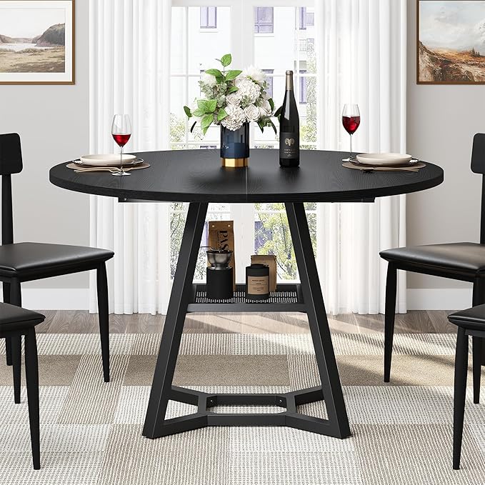 Round Dining Table for 4, Black Kitchen Tables Dining Room Circle Dinner Table with Pedestal Metal Frame, 47 Inch Space Saving Wood Industrial Kitchen & Dining Room Tables