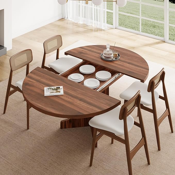 Feonase 59" Round Extendable Dining Room Table for 4-6, Modern Oval Kitchen Table with Heavy Duty Wood Base, Metal Frame Support, for Kitchen Dining Living Room, Easy Assembly, Walnut