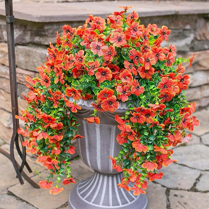 INSPRING Fall Fake Mums Artificial Flowers Hanging Decoration for Outdoors, 2Pcs Orange Daisy with Autumn Eucalyptus Leaves, Realistic Plants Decor, Silk Flower for Porch Patio Balcony Planter Yard