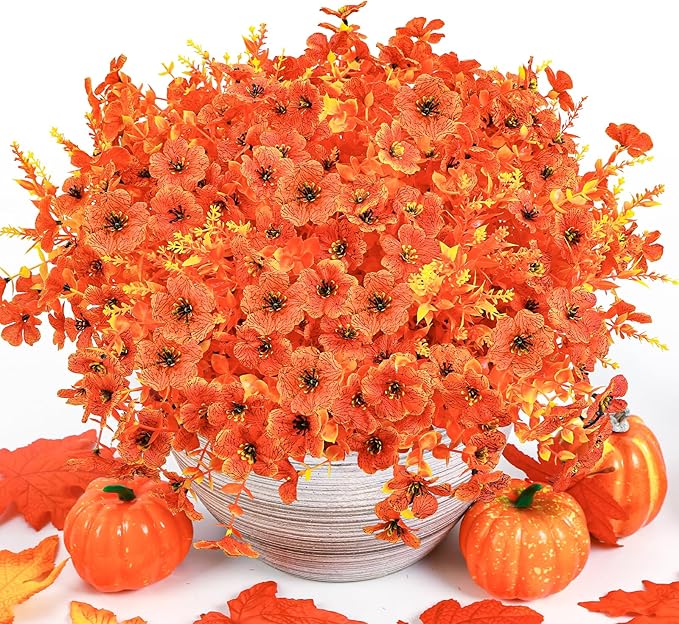 SHareconn 24 Bundles Artificial Fall Flowers for Outdoors Decoration, UV Resistant Silk Eucalyptus Lavender Faux Autumn Fake Plants for Outside Indoor Garden Yard Porch Home Decor, Sunset Red Orange