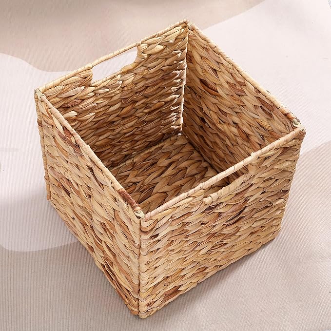 10.5 x 10.5in Wicker Storage Baskets, Cube Foldable Water Hyacinth Storage Baskets for 11 x 11 Cube Shelves Set of 4
