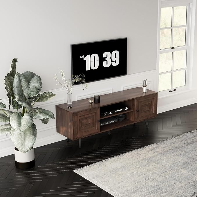 Modern TV Stand with Storage Cabinet, Wood Fashionable TV Cabinet with Waveform Panel and Adjustable Shelf, Entertainment Center TV Stand for TV, Living Room (Dark Walnut