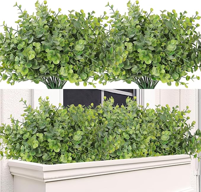TOCHGREEN 8 Bundles Artificial Eucalyptus Leaves Plants Outdoor UV Resistant Faux Plastic Boxwood Shrubs Fake Greenery Plants for Home Farmhouse Porch Patio Window Garden Decoration (Green)