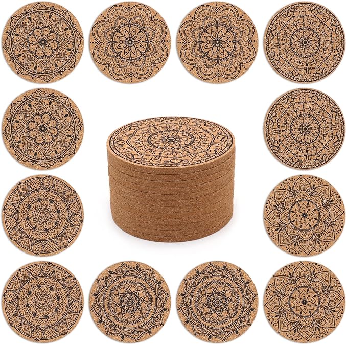 Coasters for Drinks 12 pcs Absorbent Cork Coasters with Flower Pattern Housewarming Gifts for New Home Present for Friends, Living Room Decor, Apartment Decor