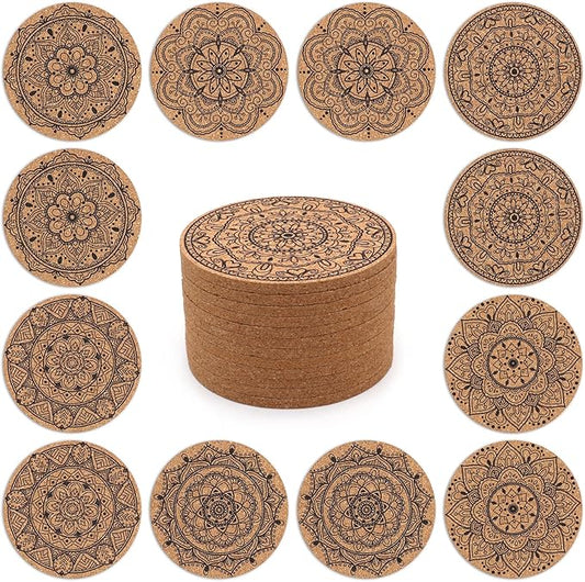 Coasters for Drinks 12 pcs Absorbent Cork Coasters with Flower Pattern Housewarming Gifts for New Home Present for Friends, Living Room Decor, Apartment Decor
