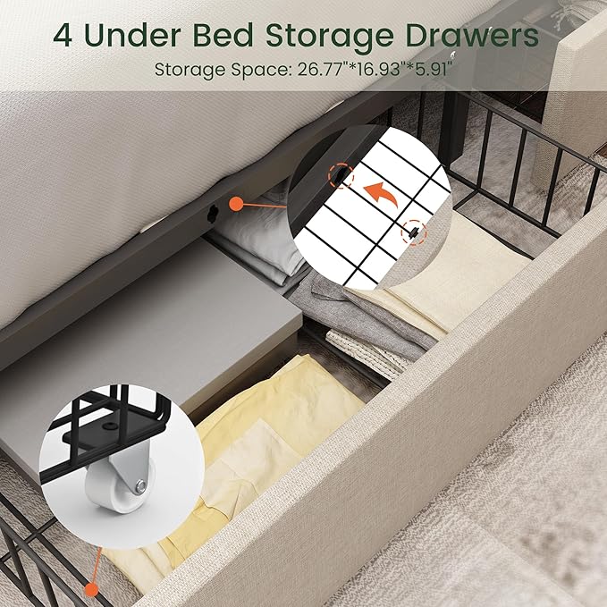 LARMACE King Size Bed Frame with 4 Storage Drawers and Tufted Headboard Linen Upholstered Platform Bed Frame with Heavy Duty Wood Slats, No Box Spring Needed, Easy Assembly, Beige