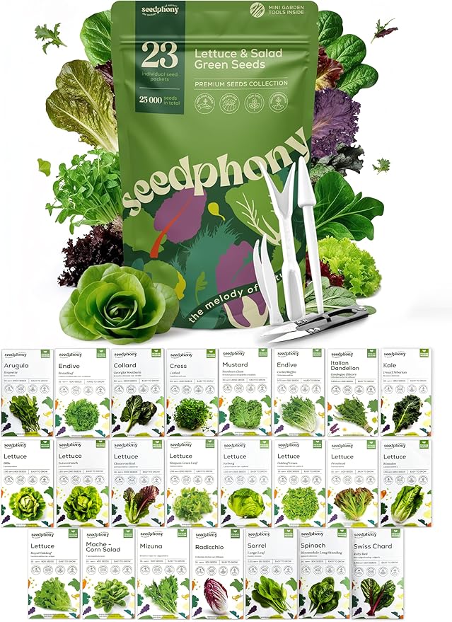 23 Lettuce & Salad Greens Seeds Variety Pack - 25,000+ Non-GMO Heirloom Greens Seeds for Planting Lettuce Indoor & Outdoor: Arugula, Mizuna, Kale, Spinach, Swiss Chard, Mache & More Lettuce Seeds
