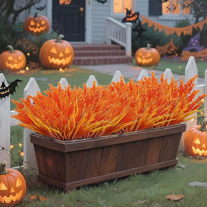 24 Bundles Fall Artificial Flowers for Outdoors, Orange Artificial Lavender Plants, Faux Mums Artificial Flowers, Artificial Mums for Outdoors, Fake Fall Flowers for Porch Planters Decoration (Orange)