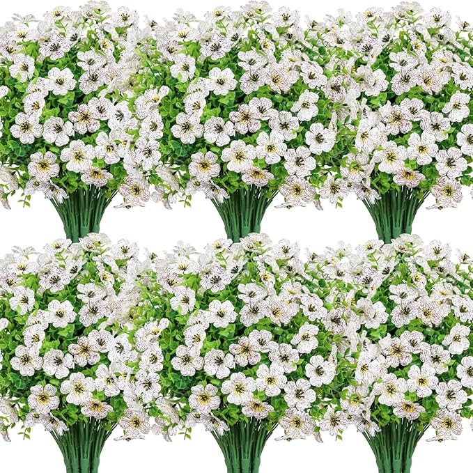 20 Bundles Artificial Flowers for Outdoors Decoration Fake Silk Flowers UV Resistant Faux Plants Artificial Daisy Eucalyptus for Spring Summer Garden Yard Porch Window Home Decor, White