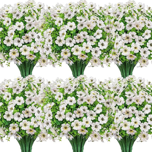 20 Bundles Artificial Flowers for Outdoors Decoration Fake Silk Flowers UV Resistant Faux Plants Artificial Daisy Eucalyptus for Spring Summer Garden Yard Porch Window Home Decor, White