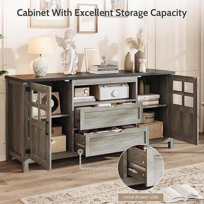 Farmhouse TV Stand for 65 Inch TVs, Entertainment Center with Adjustable Shelves, 2 Barn Doors and Drawers, Storage Media Cabinet for Living Room or Bedroom - Grey