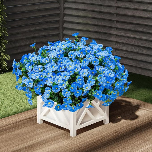 Artificial Outdoor Flowers 16 Bundles Fake Morning Glory Flower Outdoor UV Resistant Plastic Faux Flowers Plants for Decoration Indoor Outdoor Hanging Window Box Planter Home Porch Decor (Blue)