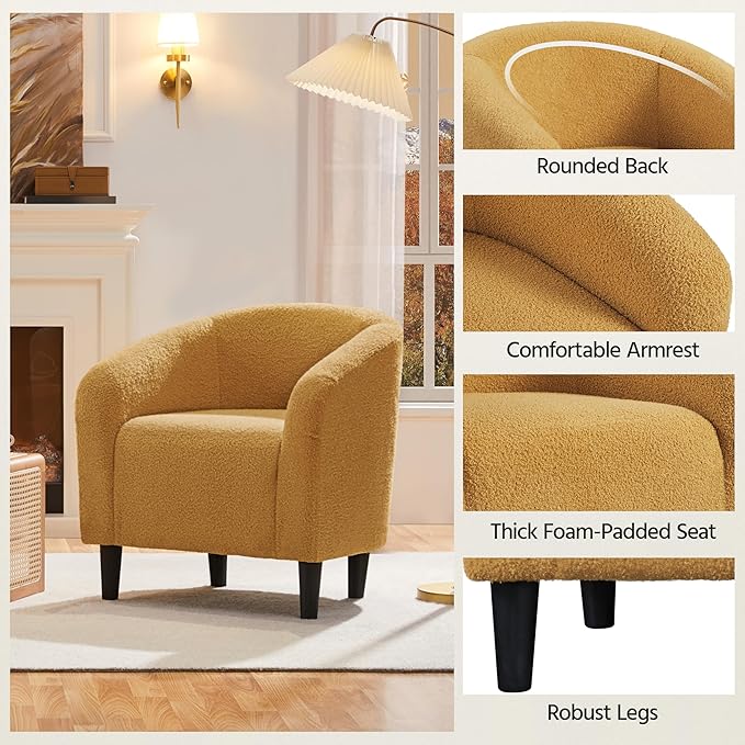 Yaheetech Accent Barrel Chair, Boucle Fabric Club Chair, Furry Sherpa Elegant and Cozy, Soft Padded Armchair for Living Room Bedroom Reception Room Office, Mustard Yellow