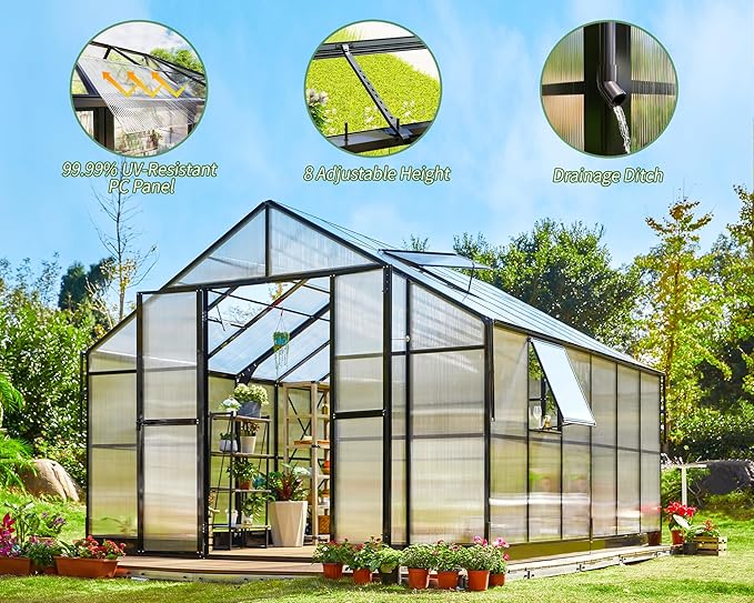 Jocisland 12x13.5x9 Polycarbonate Outdoor Aluminum Greenhouse - Quick Connect Fittings, 6.7 FT Height Bronze Double Doors, 4 Ventilation, Walk In Backyard Garden Greenhouse