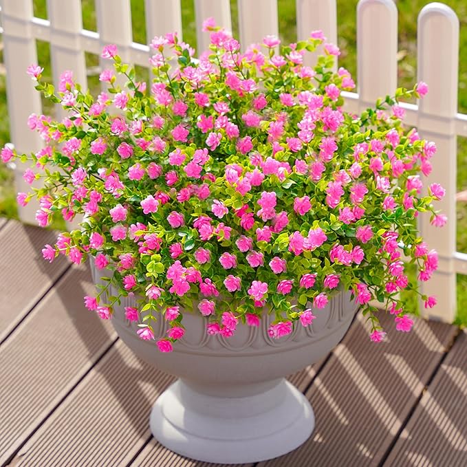 Ivydale Artificial Flowers Plants for Spring Summer Outdoors Decoration, 12 Bundles Fake Plastic UV Resistant Pink Flowers Faux Greenery Bushes Shrubs for Home Porch Patio Garden (Pink)
