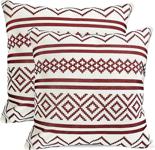 Decorative Throw Pillow Covers Set of 2 Wine Red Boho Pillow Covers 18x18 Inch Throw Pillow Cover Linen Pillowcase Modern Farmhouse Outdoor Pillow Covers for Couch Sofa Bed Living Room