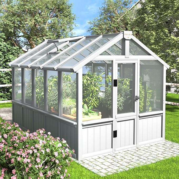 BlueWish 6x10 FT Greenhouse for Outdoors, Walk-in Green House with Cedar Frame, Adjustable Vent, Wood Greenhouses with 6MM Polycarbonate Panel, Greenhouse for Outside, Garden, Backyard, White