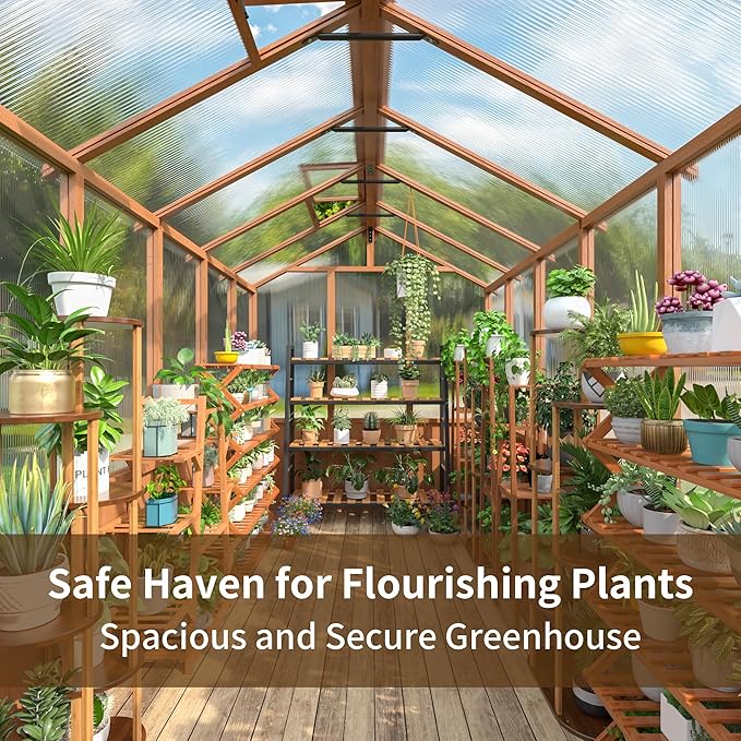6x12 FT Wooden Greenhouse for Outdoors, Walk-in Greenhouse with 6MM Thick Polycarbonate Panel and Adjustable Roof Vents, Garden Backyard, Wood Colour
